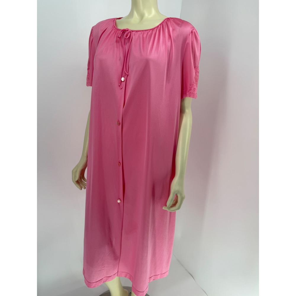 Vintage Lorraine Pink Button Down Robe Nightgown Lace Trim Made in USA Bust 26in